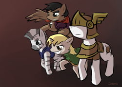 Size: 1018x728 | Tagged: safe, artist:johnnoz, oc, oc only, earth pony, pegasus, pony, unicorn, zebra, abioye, armor, filchia, huzzercarwhel, pileus