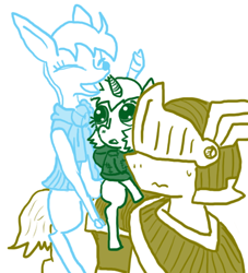 Size: 480x528 | Tagged: safe, artist:ficficponyfic, oc, oc only, oc:larkspur, deer, earth pony, pony, unicorn, armor, filchia, filly, horsebackriding, huzzercarwhel