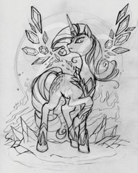 Size: 500x627 | Tagged: safe, artist:vertizontal, derpibooru import, nightmare rarity, alicorn, alicornified, artificial wings, augmented, magic, magic wings, monochrome, race swap, raricorn, sketch, solo, traditional art, wings