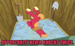 Size: 754x465 | Tagged: safe, derpibooru import, edit, edited screencap, screencap, big macintosh, earth pony, pony, hearts and hooves day (episode), animation error, bed, faceplant, hearts and hooves day, hooves in air, image macro, male, mattress, pit, shovel, stallion