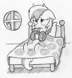 Size: 925x1000 | Tagged: safe, artist:php87, derpibooru import, oc, oc only, oc:wheely bopper, original species, bed, food, grayscale, monochrome, sick, sketch, solo, soup, thermometer, traditional art, wheelpone