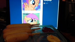 Size: 640x360 | Tagged: safe, scootaloo, pegasus, corndog, female, filly, orange coat, purple mane, solo, waifu dinner