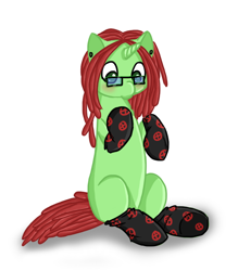 Size: 742x848 | Tagged: artist needed, safe, derpibooru import, oc, oc only, pony, unicorn, blushing, clothes, cute, dreadlocks, glasses, hermostoraunio, piercing, sitting, socks, solo