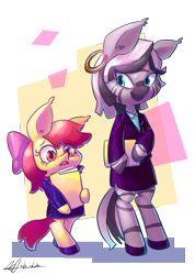 Size: 2249x3165 | Tagged: safe, artist:jggjqm522, derpibooru import, apple bloom, zecora, pony, semi-anthro, zebra, bipedal, business suit, businessmare, dress suit