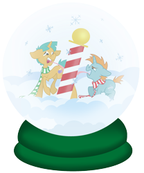 Size: 2285x2751 | Tagged: safe, artist:shiny-pebble, snails, snips, clothes, pole, scarf, snow, snow globe, snowfall, snowflake, tongue out