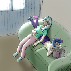 Size: 1138x1148 | Tagged: safe, artist:asdf314159265, derpibooru import, bon bon, lyra heartstrings, sweetie drops, human, clothes, duo, female, humanized, magazine, reading, socks, sofa, vogue