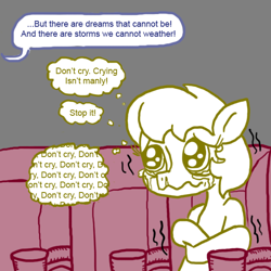 Size: 576x576 | Tagged: safe, derpibooru import, oc, oc only, oc:golden brisk, earth pony, pony, cinema, colt, crying, les miserables, male, movie, popcorn, sad, shivering, sitting, snot, solo, speech bubble, stallion, tearjerker, teary eyes, thought bubble, trap, wavy mouth