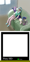 Size: 569x1148 | Tagged: safe, artist:asdf314159265, derpibooru import, bon bon, lyra heartstrings, sweetie drops, exploitable meme, humanized, magazine, meme, reading, sofa, template, tv meme