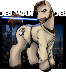 Size: 500x546 | Tagged: safe, artist:mu, jedi, lightsaber, obi wan kenobi, ponified, star wars