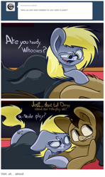 Size: 512x863 | Tagged: safe, artist:extradan, derpibooru import, doctor whooves, oc, oc:jerky hooves, bed, roleplaying, tumblr