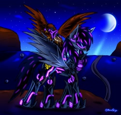 Size: 2404x2292 | Tagged: safe, artist:djmoonray, derpibooru import, armor, battle armor, crossover, decepticon, laserbeak, lights, moon, night, ponified, soundwave (transformers), superior, transformers, transformers prime