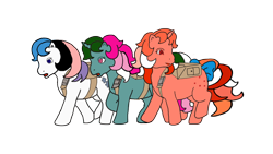 Size: 1366x768 | Tagged: safe, artist:katarakta4, fizzy, galaxy (g1), gingerbread, twinkle eyed pony, g1, backpack, simple background, transparent background, walking