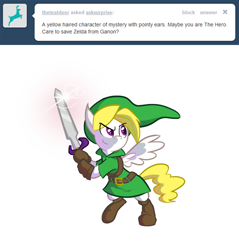 Size: 900x943 | Tagged: safe, artist:willdrawforfood1, derpibooru import, surprise, g1, ask, ask surprise, crossover, g1 to g4, generation leap, link, master sword, nintendo, solo, sword, the legend of zelda, tumblr