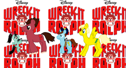 Size: 1024x559 | Tagged: safe, artist:rongothepony, calhoun, crossover, fix-it felix jr., ponified, vanellope von schweetz, wreck-it ralph