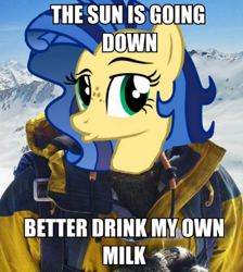 Size: 500x557 | Tagged: safe, derpibooru import, edit, oc, oc:milky way, human, bear grylls, duckface, image macro, irl, irl human, meme, photo