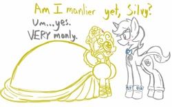 Size: 1280x800 | Tagged: safe, artist:familywing, derpibooru import, oc, oc only, oc:golden brisk, oc:silver breeze, pony, unicorn, bowtie, clothes, colt, crossdressing, dress, female, goldeeze, male, manly, mare, reverse trap, suit, trap