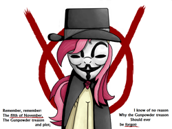 Size: 1024x768 | Tagged: safe, artist:rambopvp, derpibooru import, roseluck, guy fawkes mask, parody, solo, v for vendetta