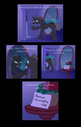 Size: 735x1146 | Tagged: safe, artist:merrypaws, derpibooru import, oc, oc only, oc:greg, changeling, comic:iris, leaving, mirror, night, note, reflection