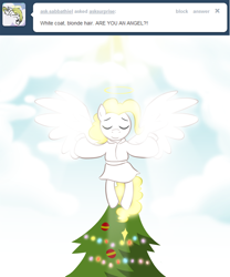 Size: 900x1080 | Tagged: safe, artist:willdrawforfood1, derpibooru import, surprise, angel, g1, ask, ask surprise, christmas, christmas tree, decoration, g1 to g4, generation leap, tree, tumblr