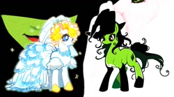 Size: 1500x835 | Tagged: safe, artist:memoneo, derpibooru import, clothes, elphaba, glinda, hilarious in hindsight, ponified, wicked