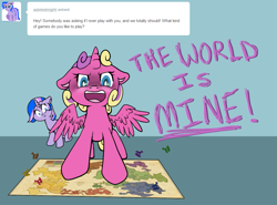 Size: 1013x749 | Tagged: safe, artist:srsishere, derpibooru import, princess skyla, oc, oc:midnight, alicorn, pony, askmidnight, board game, risk, tumblr