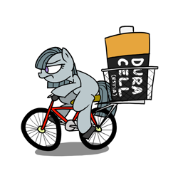 Size: 700x700 | Tagged: safe, artist:grilledcat, derpibooru import, marble pie, earth pony, pony, battery, bicycle, carrying, duracell, electricity, female, frown, mare, pun, solo, united kingdom, wat