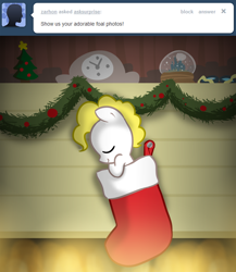 Size: 900x1035 | Tagged: safe, artist:willdrawforfood1, derpibooru import, surprise, pony, g1, ask, ask surprise, baby, baby pony, christmas, christmas stocking, foal, g1 to g4, generation leap, sock, tumblr