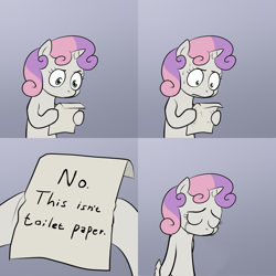 Size: 2000x2000 | Tagged: safe, edit, sweetie belle, pony, unicorn, bipedal, exploitable meme, female, filly, gradient background, hoof hold, horn, letter, meme, paper, sad, solo, sweetie's note meme, two toned hair, white coat