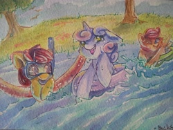 Size: 3264x2448 | Tagged: source needed, safe, artist:lavenderhush, derpibooru import, apple bloom, scootaloo, sweetie belle, cutie mark crusaders, floaty, inner tube, swimming, traditional art, water