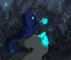 Size: 950x800 | Tagged: safe, artist:princess amity, derpibooru import, oc, oc only, oc:sunless, butterfly, blind, crystal, eyes closed, glow, night, scenery, sitting, solo, stars, tree