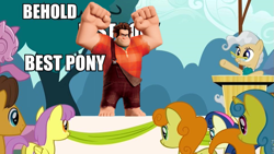 Size: 827x466 | Tagged: safe, derpibooru import, edit, edited screencap, screencap, bon bon, caramel, carrot top, golden harvest, lemon hearts, mayor mare, parasol, sweetie drops, the last roundup, behold, best pony, image macro, meme, wreck-it ralph