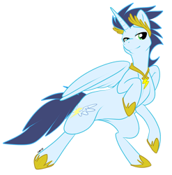 Size: 800x811 | Tagged: dead source, safe, artist:muzz, soarin', alicorn, pony, alicornified, bedroom eyes, bipedal, laurel, necklace, race swap, rearing, simple background, smiling, soaricorn, transparent background