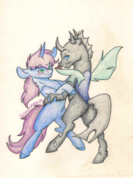 Size: 2445x3265 | Tagged: safe, artist:twisted-sketch, oc, oc only, oc:evening breeze, oc:gyro tech, changeling, pony, unicorn, bipedal, blushing, bryro, changeling oc, cute, dancing, flower, flower in mouth, gay, male, mouth hold, rose, shipping