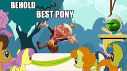 Size: 812x458 | Tagged: safe, derpibooru import, edit, edited screencap, screencap, bon bon, caramel, carrot top, golden harvest, lemon hearts, parasol, sweetie drops, the last roundup, behold, best pony, image macro, king candy, meme, sour bill, sugar rush, wreck-it ralph