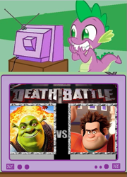 Size: 367x509 | Tagged: safe, derpibooru import, spike, dragon, ogre, death battle, disney, dreamworks, exploitable meme, meme, obligatory pony, shrek, shrek-it ralph, tv meme, wreck-it ralph