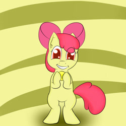 Size: 1000x1000 | Tagged: safe, artist:softkityonfire, derpibooru import, apple bloom, pony, bipedal, bits, grin, looking at you, solo