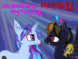 Size: 1000x750 | Tagged: safe, artist:givemesomebrohoof, derpibooru import, oc, oc only, oc:nightraxx, oc:roaring rhythm, frown, nightraxx, tongue out