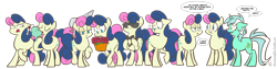 Size: 1280x324 | Tagged: safe, artist:egophiliac, derpibooru import, bon bon, lyra heartstrings, sweetie drops, earth pony, pony, unicorn, bon bon is not amused, bon bond, bonpun, bowtie, dialogue, eyes closed, female, floppy ears, flower, harem, hat, hilarious in hindsight, ice cream, james bond, lidded eyes, line-up, mare, mare of a thousand voices, mirror pool, mouth hold, multeity, open mouth, question mark, raised hoof, simple background, slice of pony life, smiling, speech bubble, sunglasses, transparent background