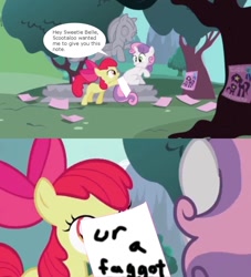 Size: 846x930 | Tagged: safe, derpibooru import, edit, apple bloom, sweetie belle, chat bubble, note, vulgar