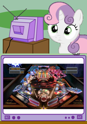 Size: 564x800 | Tagged: safe, derpibooru import, sweetie belle, sweetie bot, pony, robot, robot pony, unicorn, exploitable meme, female, filly, foal, horn, meme, obligatory pony, pin*bot, pinball, solo, tv meme