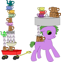 Size: 476x481 | Tagged: safe, artist:youwillneverkno, derpibooru import, spike, dragon, glasses, mug, plate, pot, solo, teacup, teapot, wagon