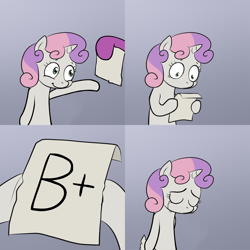 Size: 2000x2000 | Tagged: safe, edit, cheerilee, sweetie belle, pony, unicorn, bipedal, exploitable meme, female, filly, gradient background, hoof hold, horn, letter, meme, paper, solo, sweetie's note meme, two toned hair, white coat