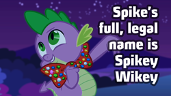 Size: 500x281 | Tagged: safe, derpibooru import, spike, dragon, bowtie, headcanon, name, solo, spikey wikey