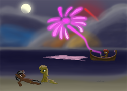 Size: 1200x858 | Tagged: safe, artist:boxedsurprise, oc, oc only, oc:color boom, oc:star sparkler, oc:ticket, alicorn, pony, alicorn oc, beach, commission, explosion, fireworks, moon, night, ocean, ticketsparkler