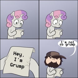 Size: 800x800 | Tagged: safe, sweetie belle, pony, unicorn, bipedal, comic, dialogue, exploitable meme, female, filly, game grumps, gradient background, hoof hold, horn, jontron, letter, meme, paper, solo, speech bubble, sweetie's note meme, two toned hair, two toned mane, white coat