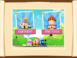 Size: 960x720 | Tagged: safe, canterlot, castle, game, gameloft, locomotive, mountain, official, ponyville, steam train, train