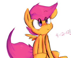 Size: 1280x1024 | Tagged: dead source, safe, artist:spanish-scoot, scootaloo, pegasus, pony, blank flank, cute, cutealoo, exclamation point, female, filly, simple background, sitting, solo, spread wings, white background, wings