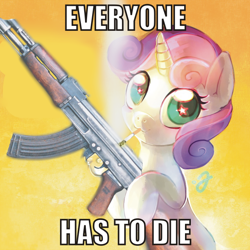 Size: 600x600 | Tagged: safe, artist:erinliona, derpibooru import, edit, sweetie belle, :3, ak, ak-47, assault rifle, badass, badass adorable, caption, cigarette, cute, gun, image macro, meme, reaction image, rifle, smoking, solo, text, weapon