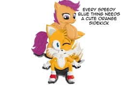 Size: 1024x768 | Tagged: safe, artist:talesofthewinterborn, derpibooru import, scootaloo, crossover, miles "tails" prower, sonic the hedgehog (series)