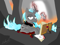 Size: 1440x1080 | Tagged: safe, artist:edvedd, derpibooru import, oc, oc only, oc:plutonia, alicorn, pony, alicorn oc, book, glasses, magic, pillow, solo, tartarus